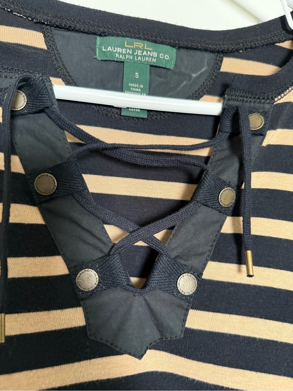 Ralph Lauren Black and Tan Striped Lace-Up 3/4 Sleeve Top Y2K - Picture 5 of 5
